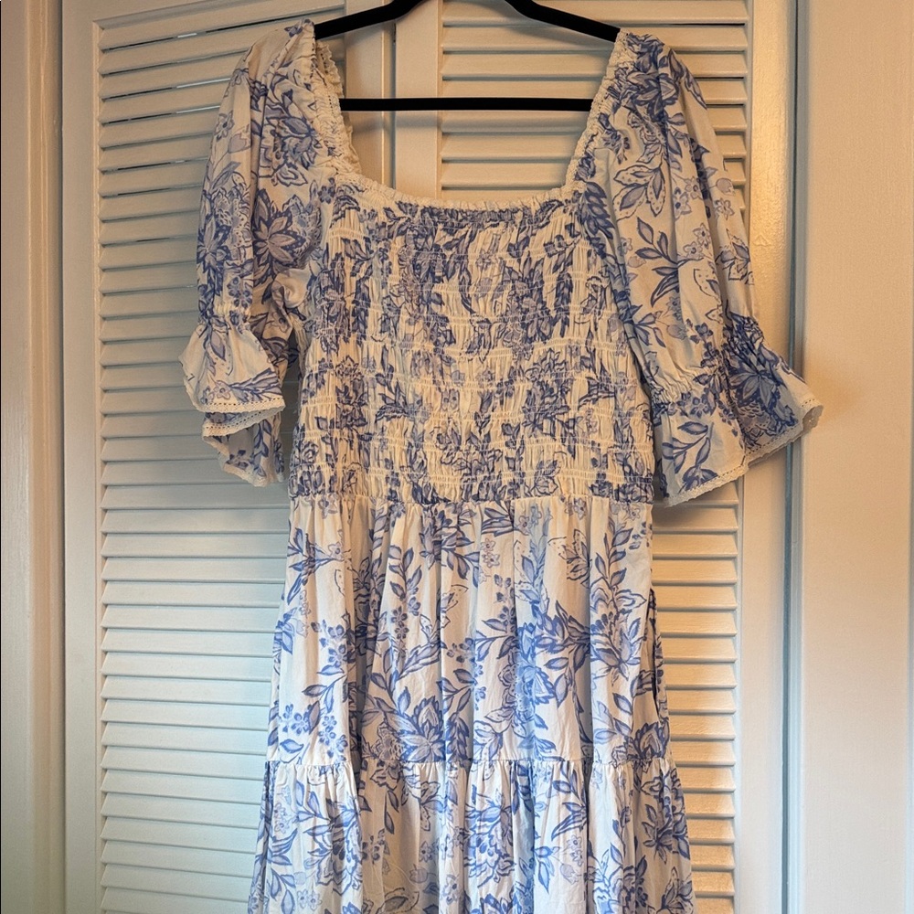 Blue and White Puff Sleeve Sundress